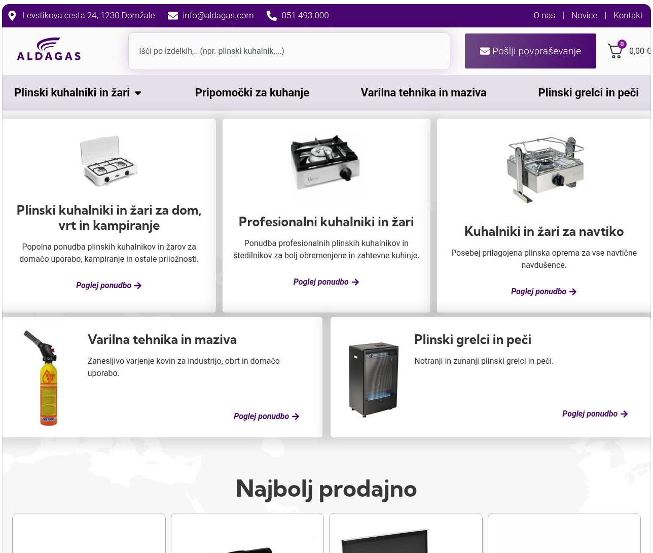 Posnetek spletne strani Aldagas · logistika in oskrba