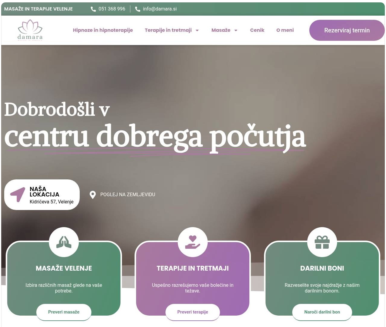 Posnetek spletne strani Damara · masaže in terapije
