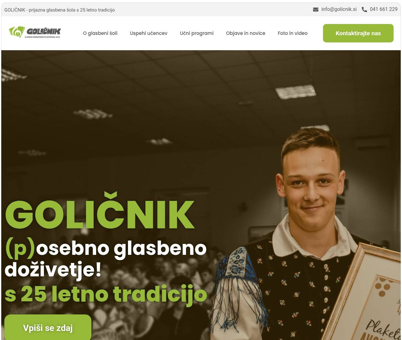 Posnetek spletne strani Glasbena šola Goličnik
